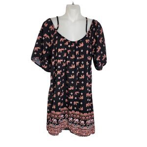 Rue 21 Women Mini Dress Medium Cold Shoulder Elephant Black Pink Spaghetti Strap